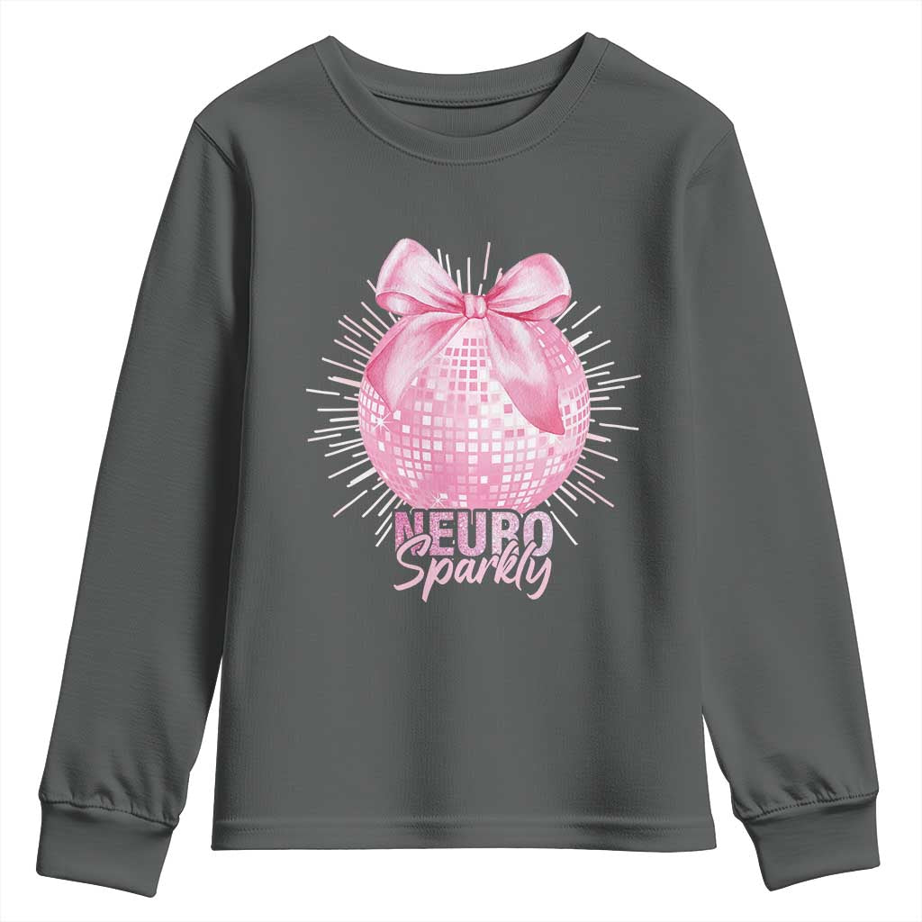 Neurodivergent Neuro Sparkly Youth Sweatshirt Autism Spectrum ADHD Pink Bow Disco Ball TS11 Dark Heather Print Your Wear