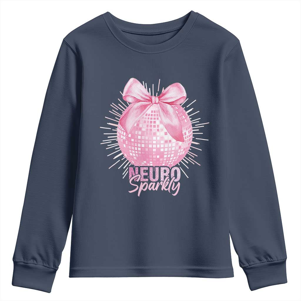 Neurodivergent Neuro Sparkly Youth Sweatshirt Autism Spectrum ADHD Pink Bow Disco Ball TS11 Navy Print Your Wear