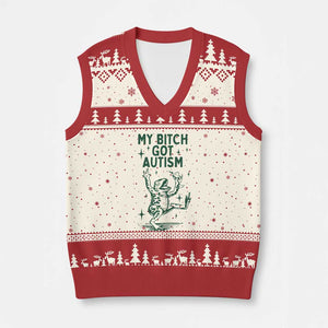 Funny My Bitch Got Autism Meme V-Neck Knit Sweater Vest Autistic Frog TS11 Beige Red Print Your Wear