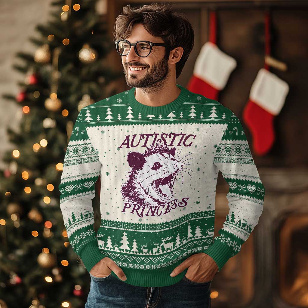 Funny Autistic Princess Ugly Christmas Sweater Autism Awareness Opposum TS11 Beige Green Print Your Wear