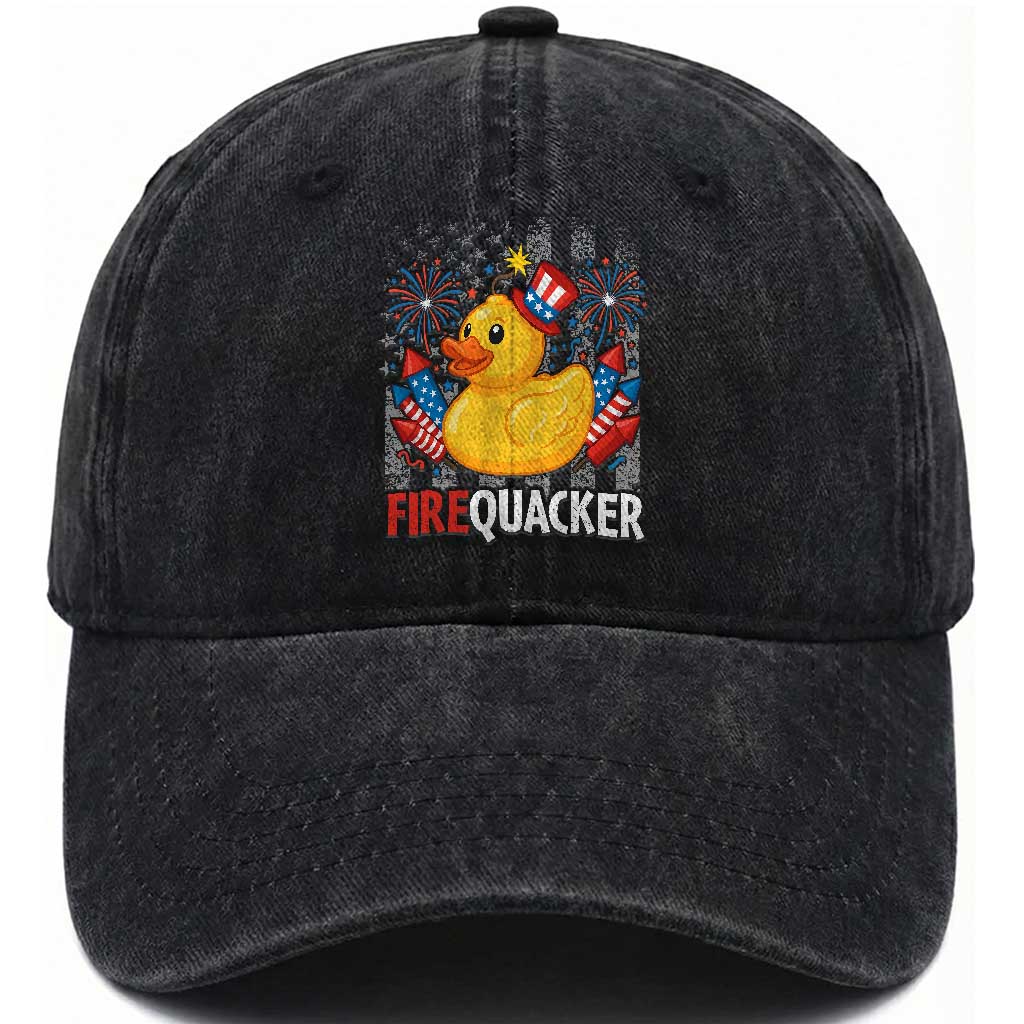 Funny 4th of July Duck Firequacker Washed Cotton Baseball Cap Patriotic Vintage American Flag TS11 Washed Cap Universal Fit Black Print Your Wear