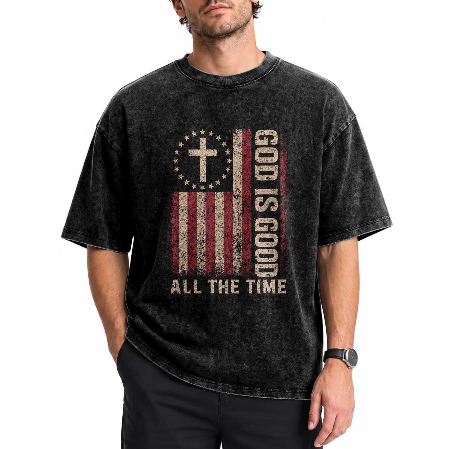 God Is Good All The Time Jesus Washed Cotton T-Shirt Christian American Flag