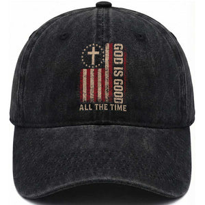 God Is Good All The Time Jesus Washed Cotton Baseball Cap Christian American Flag