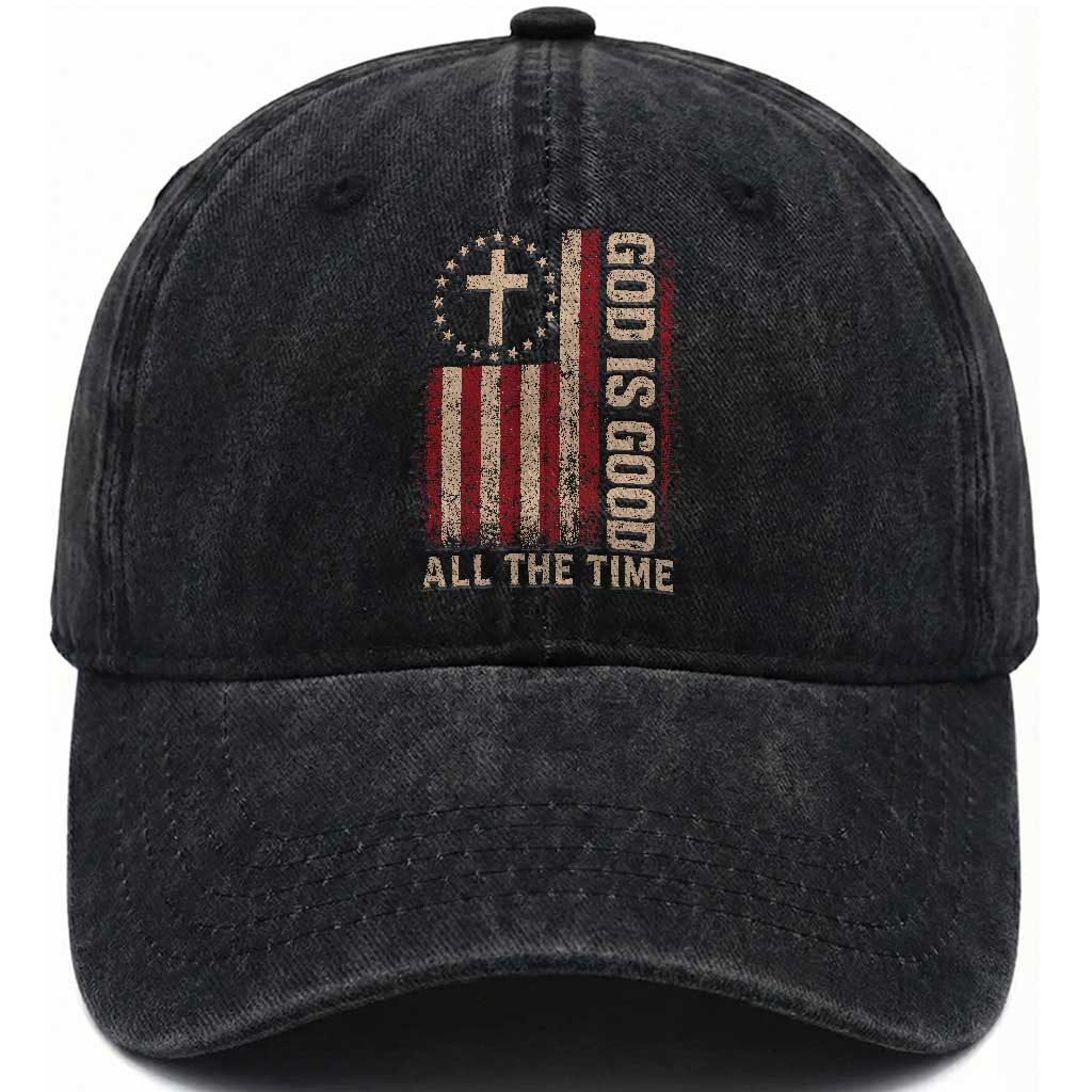 God Is Good All The Time Jesus Washed Cotton Baseball Cap Christian American Flag