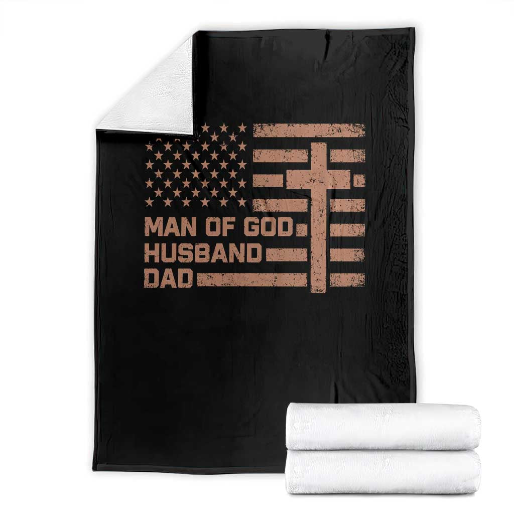 Man of God Husband Dad Christian Dad Father's Day Throw Blanket Vintage American Flag TS11 Black Print Your Wear