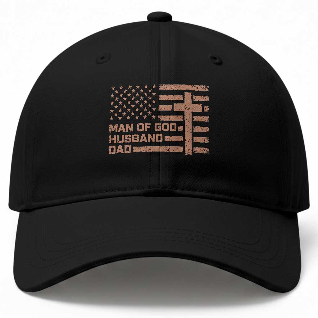 Man of God Husband Dad Christian Dad Father's Day Baseball Cap Vintage American Flag TS11 Print Your Wear