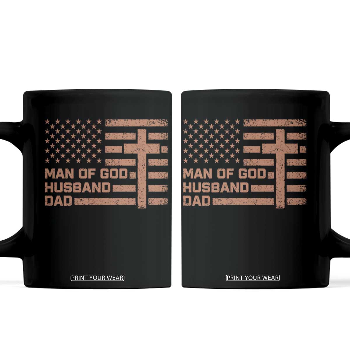 Man of God Husband Dad Christian Dad Father's Day Coffee Mug Vintage American Flag TS11 Black Print Your Wear