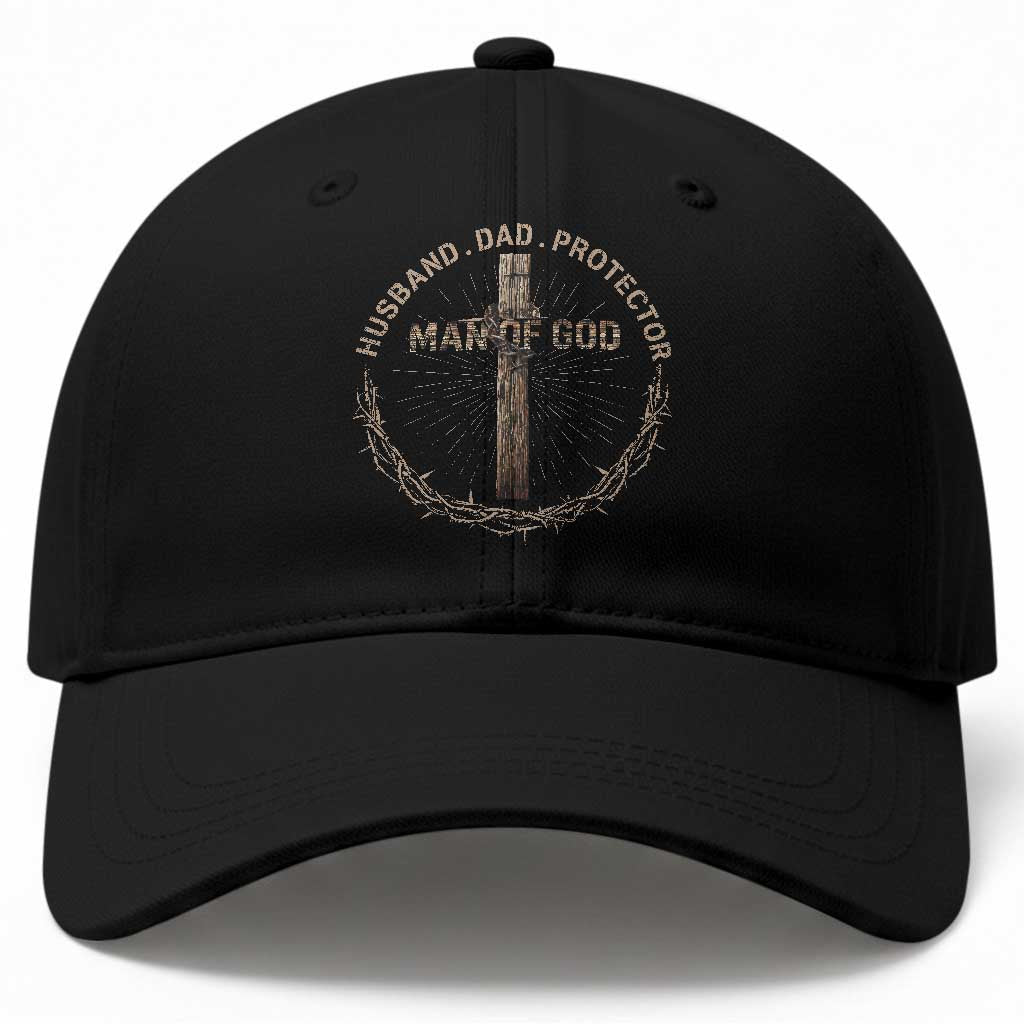 Man Of God Husband Dad Protector Baseball Cap Christian Dad Vintage Jesus Cross TS11 Print Your Wear