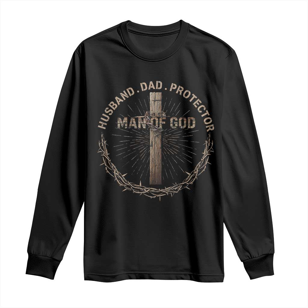 Man Of God Husband Dad Protector Long Sleeve Shirt Christian Dad Vintage Jesus Cross TS11 Black Print Your Wear