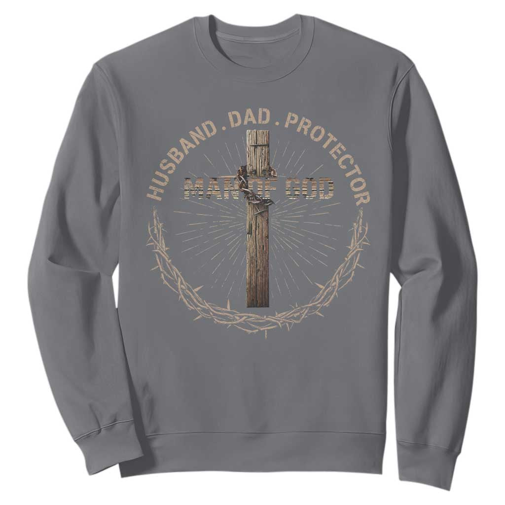 Man Of God Husband Dad Protector Sweatshirt Christian Dad Vintage Jesus Cross TS11 Charcoal Print Your Wear