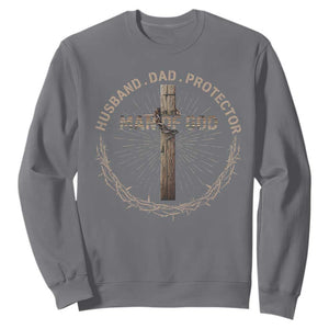 Man Of God Husband Dad Protector Sweatshirt Christian Dad Vintage Jesus Cross TS11 Charcoal Print Your Wear