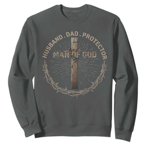 Man Of God Husband Dad Protector Sweatshirt Christian Dad Vintage Jesus Cross TS11 Dark Heather Print Your Wear