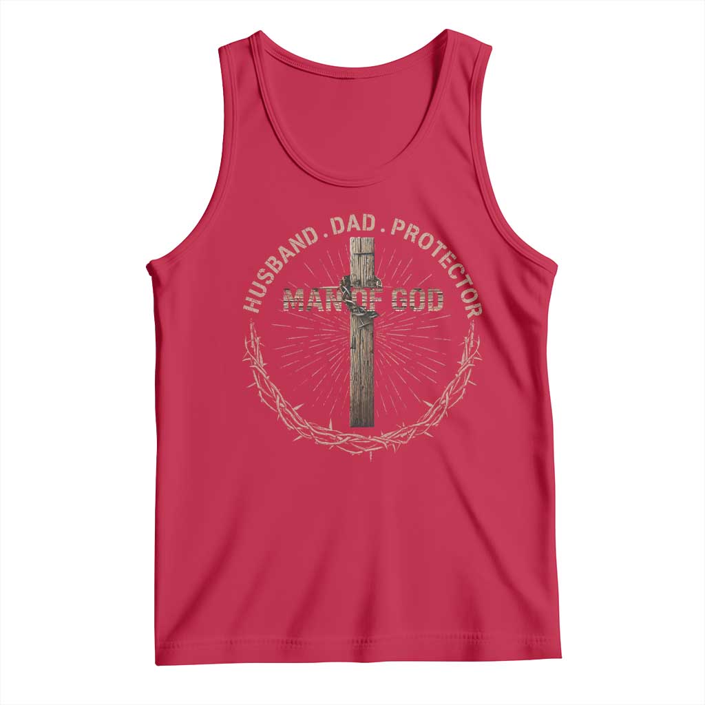 Man Of God Husband Dad Protector Tank Top Christian Dad Vintage Jesus Cross TS11 Red Print Your Wear