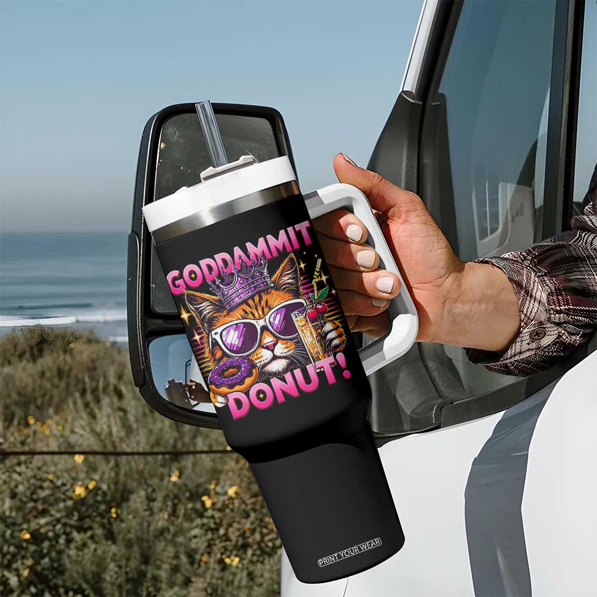 Funny Goddammit Cat Princess Meme Tumbler With Handle Cartoon Style TS11 Print Your Wear