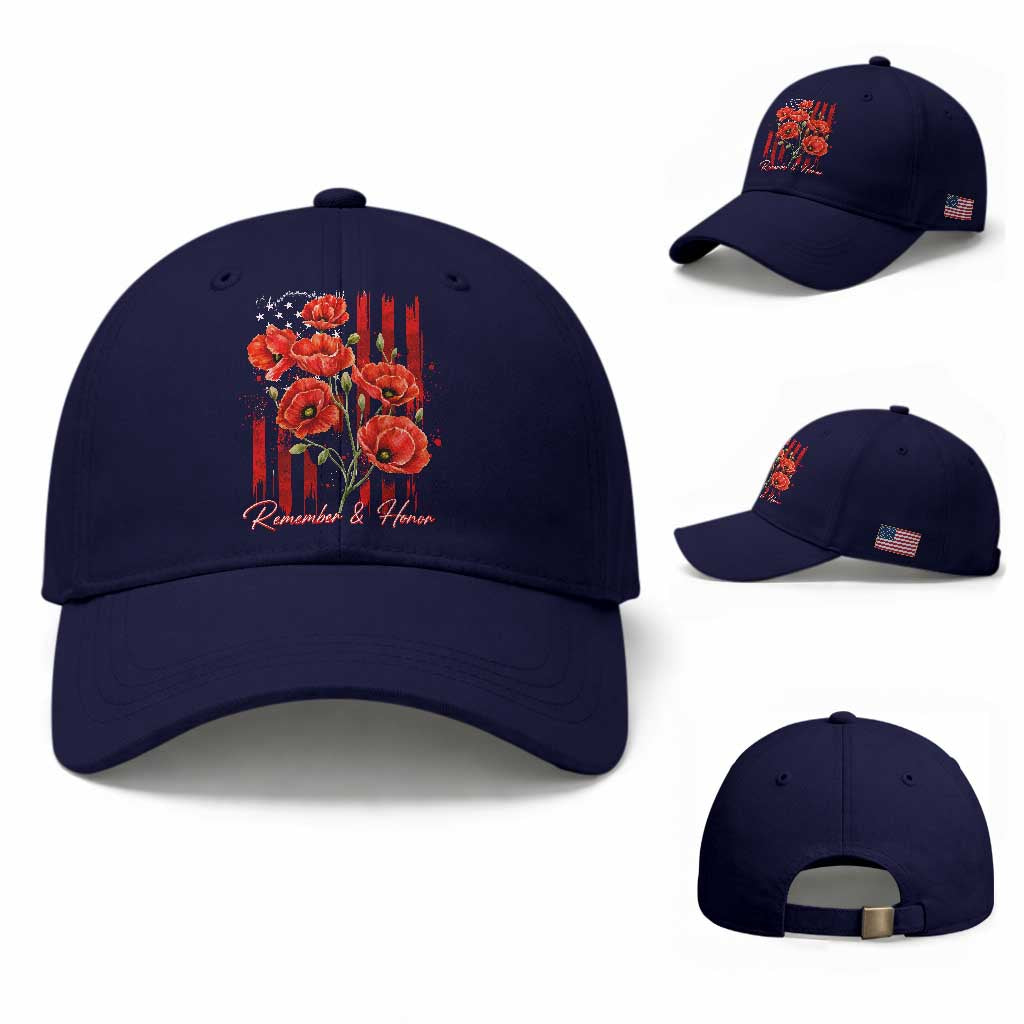 Remember And Honor Memorial Day Baseball Cap Red Poppy Flowers TS11 Baseball Cap Universal Fit Dark Blue Print Your Wear