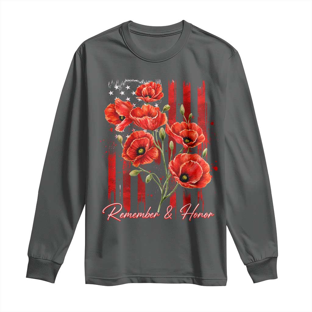 Remember And Honor Memorial Day Long Sleeve Shirt Red Poppy Flowers TS11 Dark Heather Print Your Wear