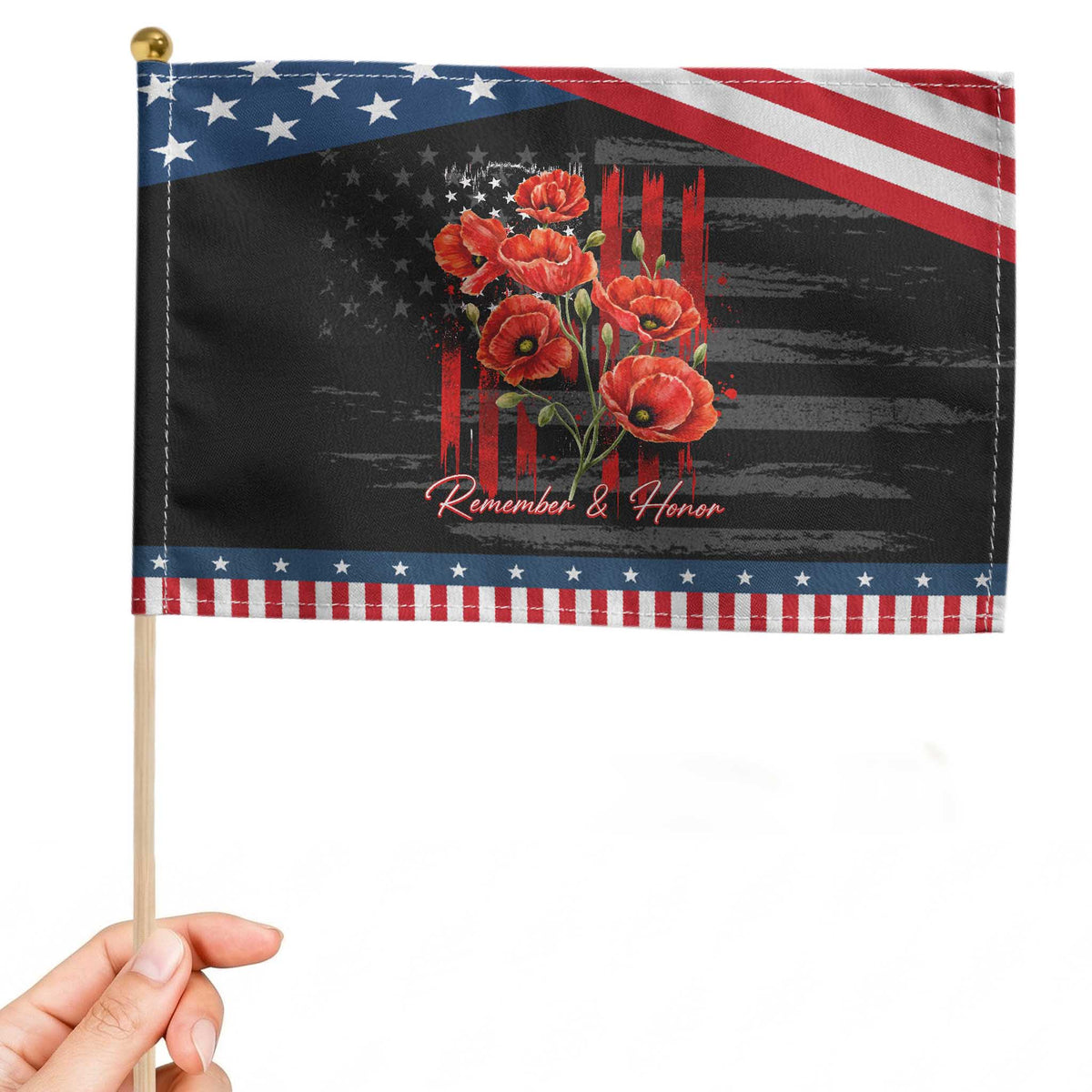 Remember And Honor Memorial Day Patriotic Handheld Flag Red Poppy Flowers TS11 Distressed 8.2