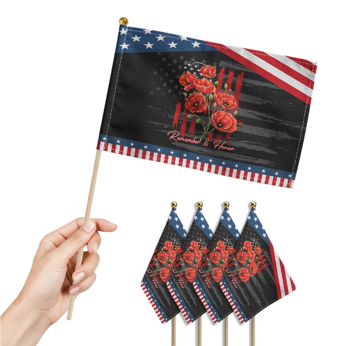 Remember And Honor Memorial Day Patriotic Handheld Flag Red Poppy Flowers TS11 Print Your Wear