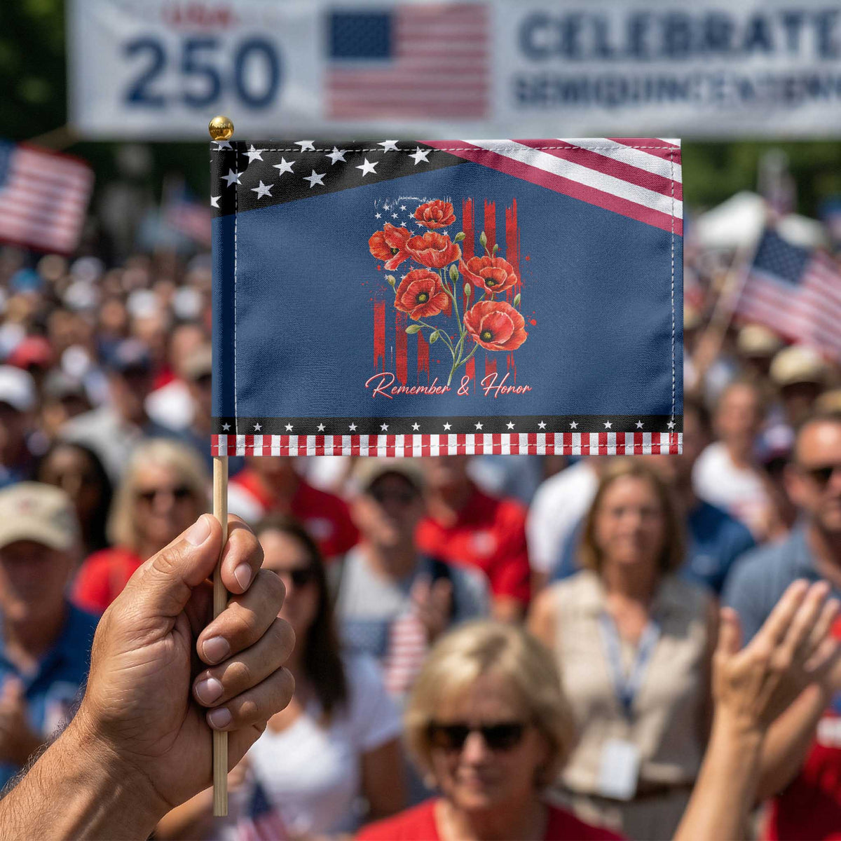 Remember And Honor Memorial Day Patriotic Handheld Flag Red Poppy Flowers TS11 Classic 8.2