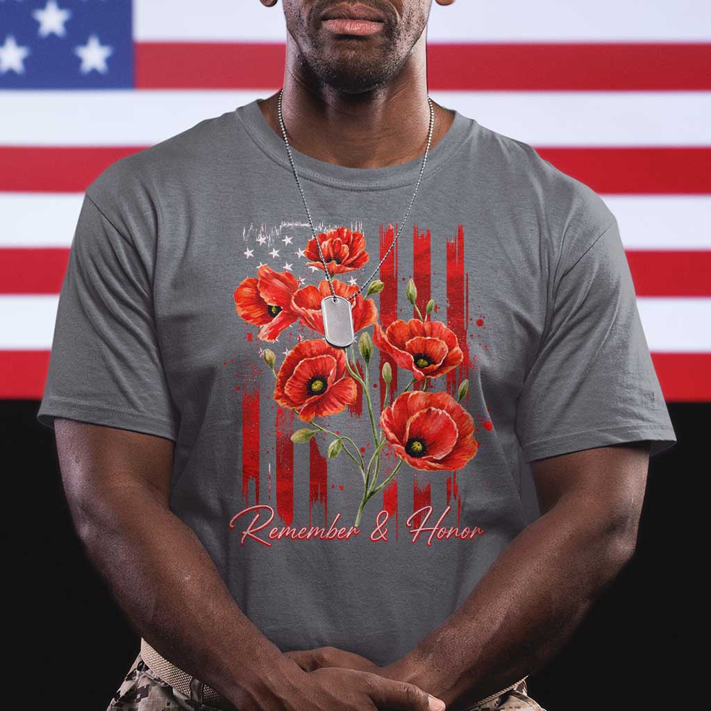 Remember And Honor Memorial Day T Shirt Red Poppy Flowers TS11 Charcoal Print Your Wear