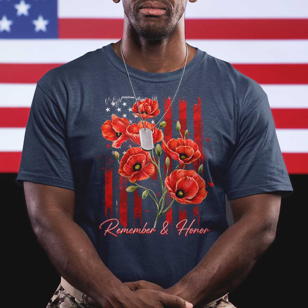 Remember And Honor Memorial Day T Shirt Red Poppy Flowers TS11 Navy Print Your Wear