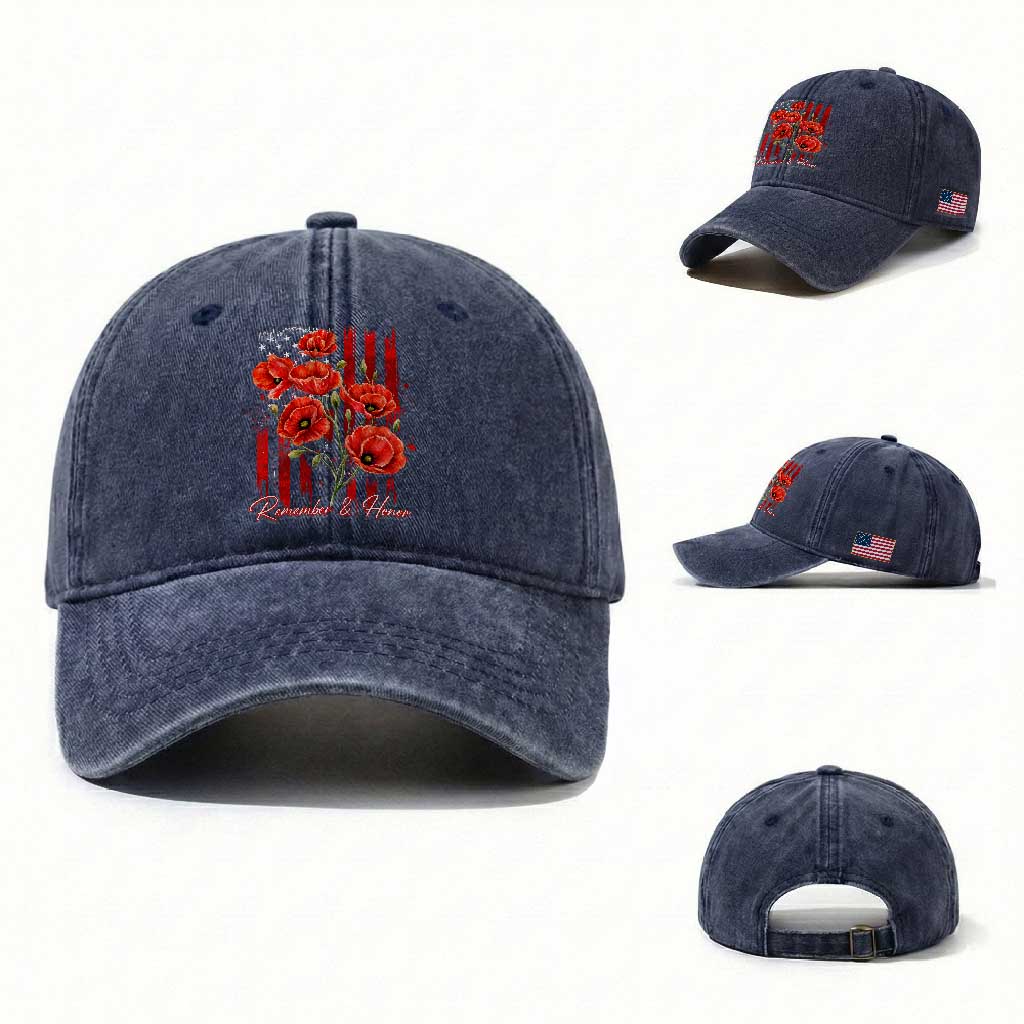 Remember And Honor Memorial Day Washed Cotton Baseball Cap Red Poppy Flowers TS11 Washed Cap Universal Fit Navy Print Your Wear