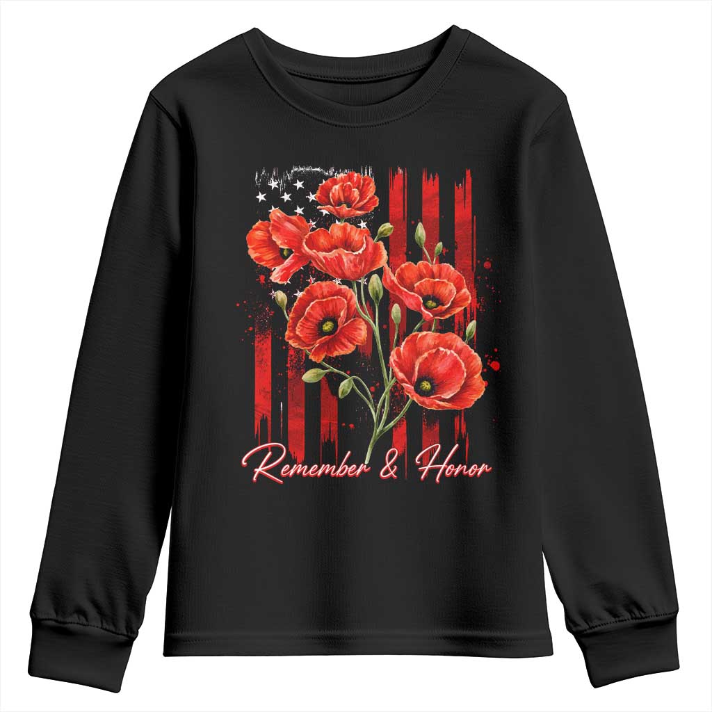 Remember And Honor Memorial Day Youth Sweatshirt Red Poppy Flowers TS11 Black Print Your Wear