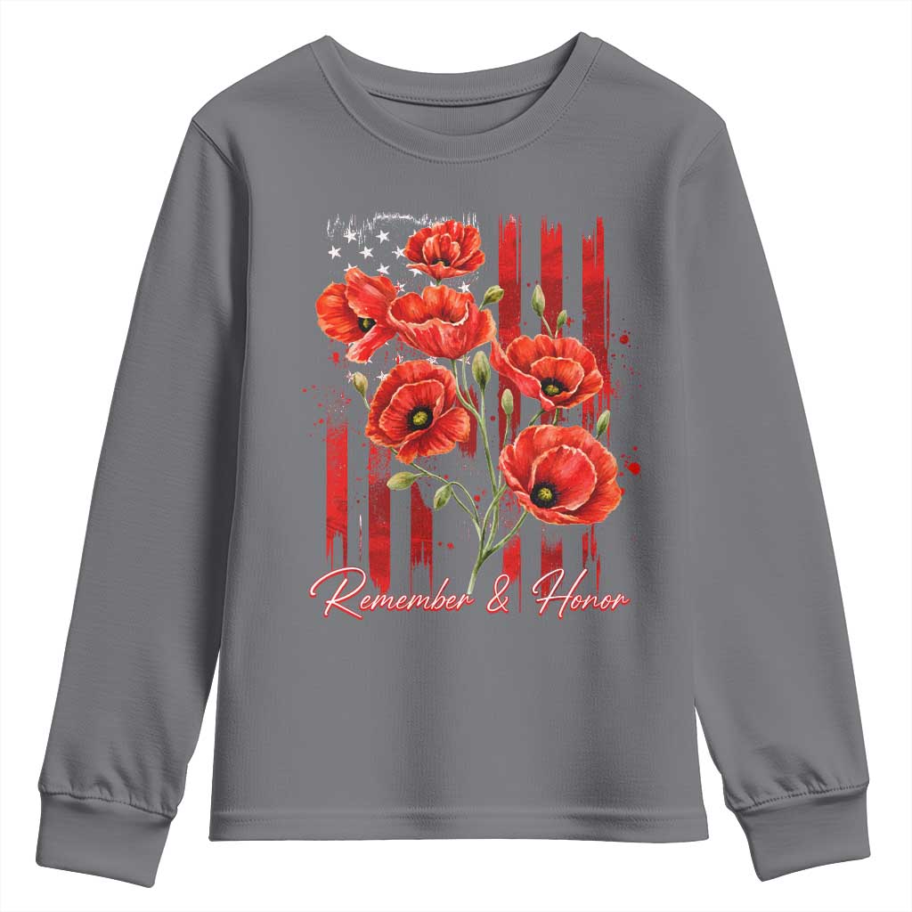 Remember And Honor Memorial Day Youth Sweatshirt Red Poppy Flowers TS11 Charcoal Print Your Wear