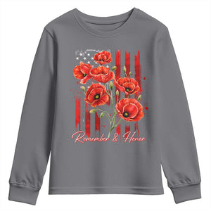 Remember And Honor Memorial Day Youth Sweatshirt Red Poppy Flowers TS11 Charcoal Print Your Wear