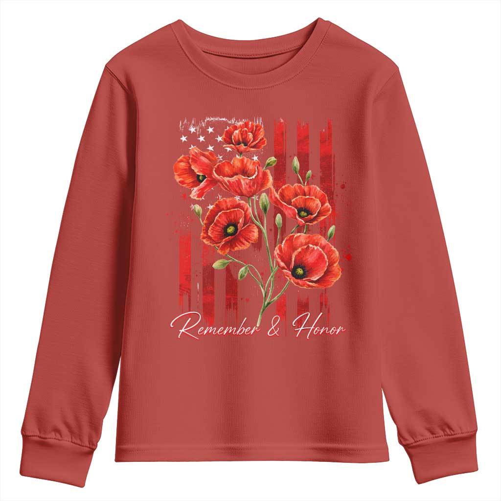 Remember And Honor Memorial Day Youth Sweatshirt Red Poppy Flowers TS11 Red Print Your Wear