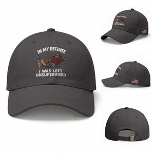 In My Defense I Was Left Unsupervised Funny Bigfoot Baseball Cap TS11 Baseball Cap Universal Fit Dark Gray Print Your Wear