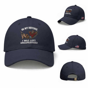 In My Defense I Was Left Unsupervised Funny Bigfoot Baseball Cap TS11 Baseball Cap Universal Fit Navy Print Your Wear
