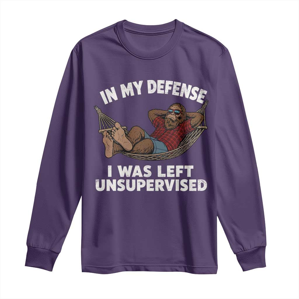 In My Defense I Was Left Unsupervised Funny Bigfoot Long Sleeve Shirt TS11 Purple Print Your Wear
