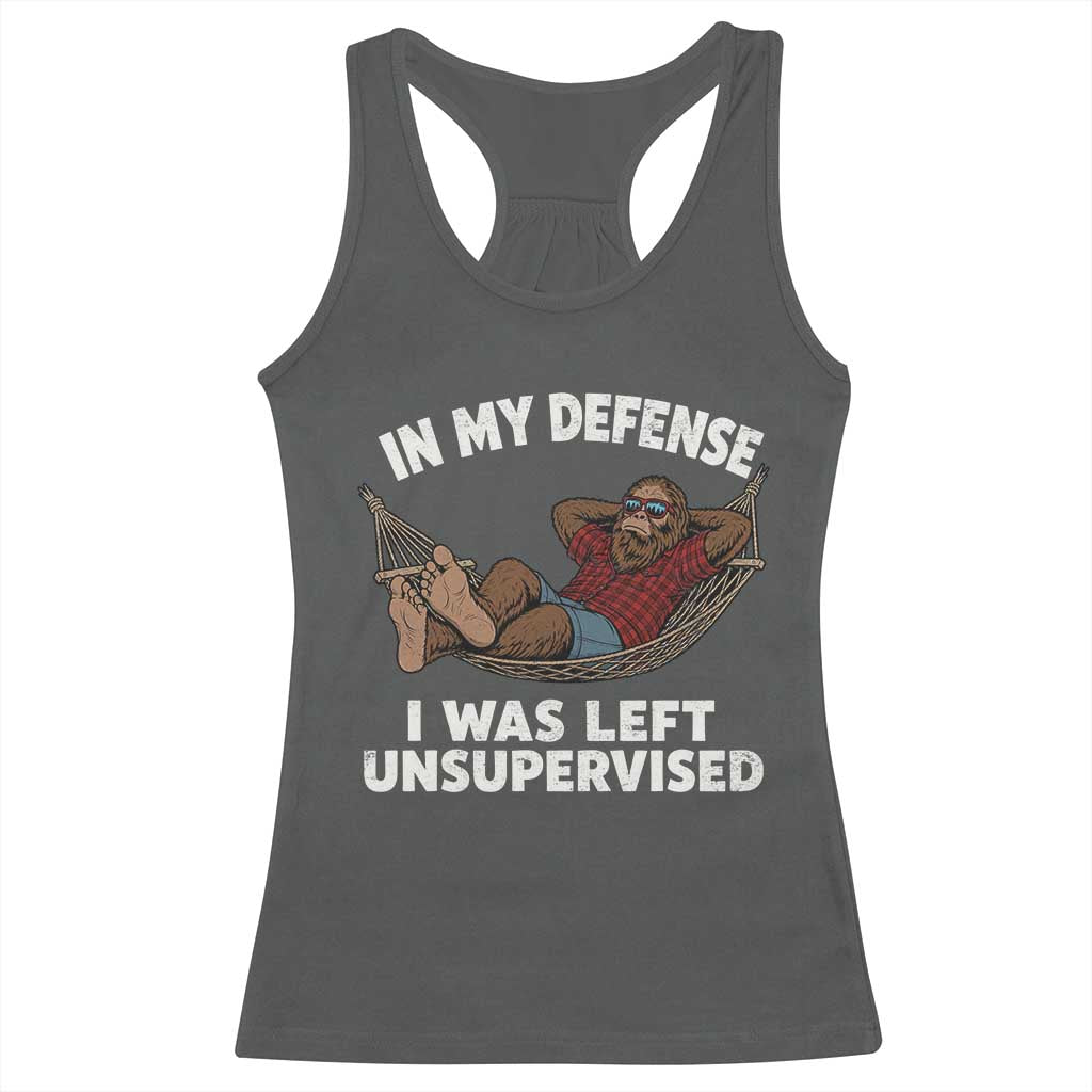 In My Defense I Was Left Unsupervised Funny Bigfoot Racerback Tank Top TS11 Dark Heather Print Your Wear
