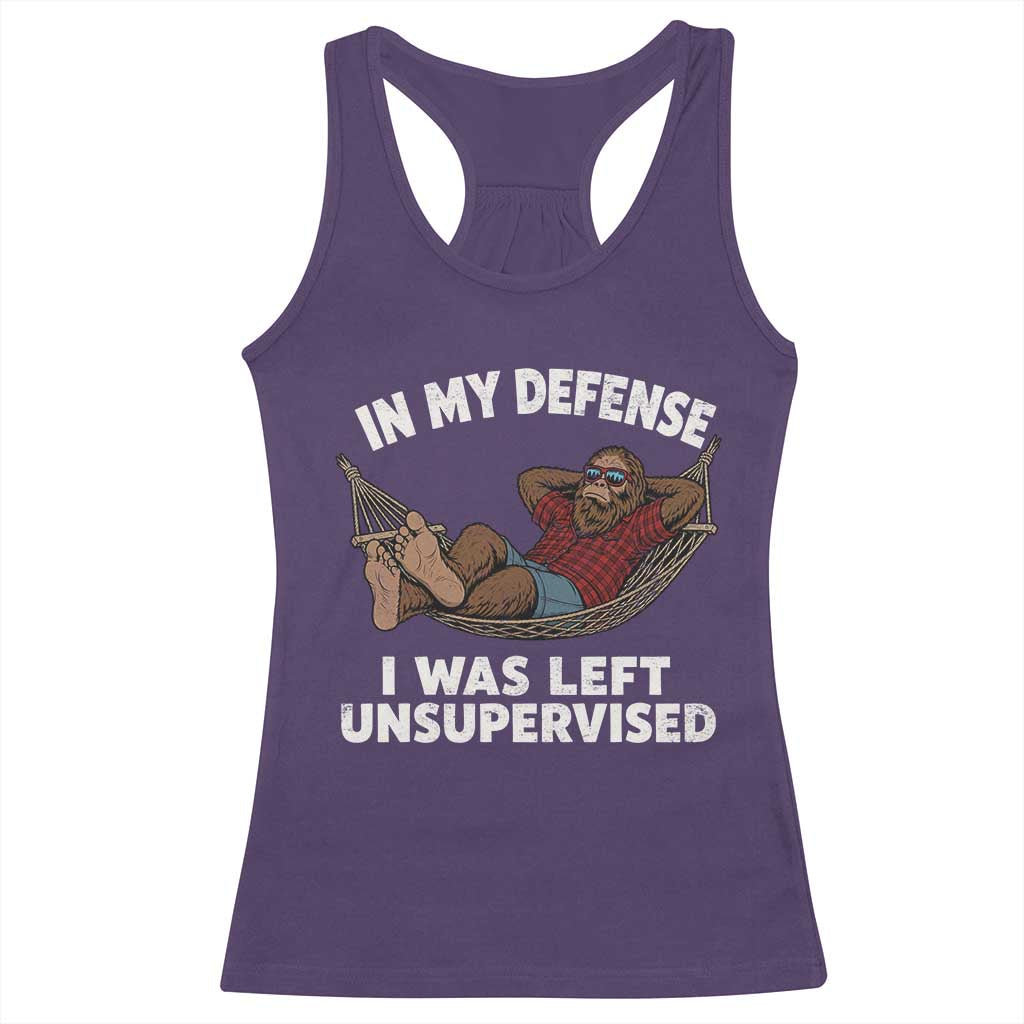 In My Defense I Was Left Unsupervised Funny Bigfoot Racerback Tank Top TS11 Purple Print Your Wear