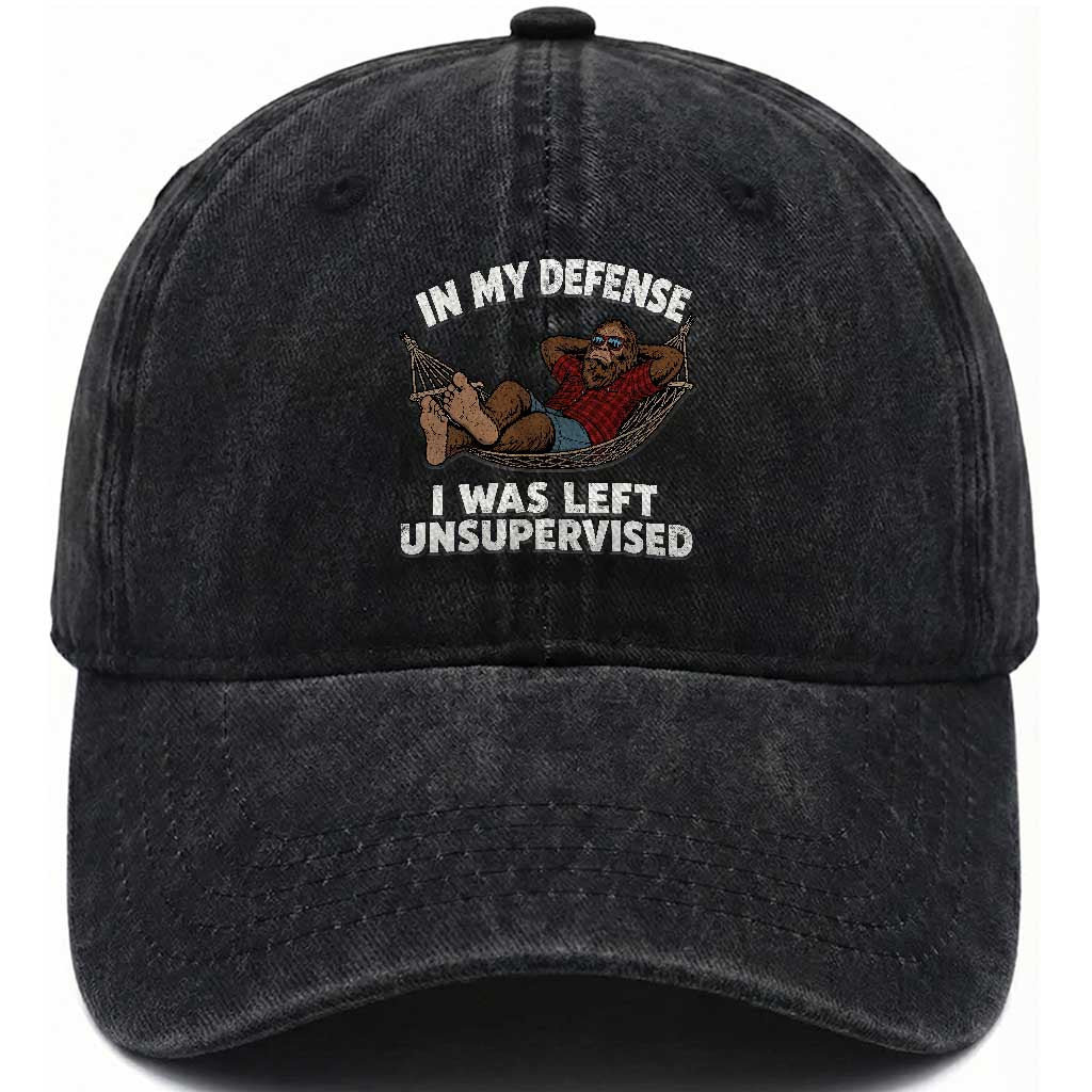 In My Defense I Was Left Unsupervised Funny Bigfoot Washed Cotton Baseball Cap TS11 Print Your Wear