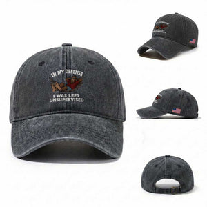 In My Defense I Was Left Unsupervised Funny Bigfoot Washed Cotton Baseball Cap TS11 Washed Cap Universal Fit Dark Gray Print Your Wear