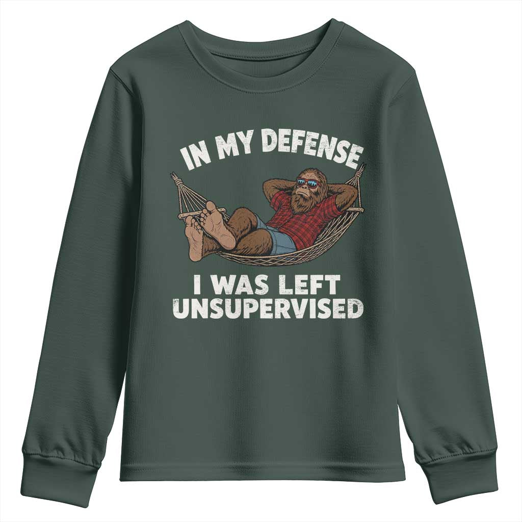 In My Defense I Was Left Unsupervised Funny Bigfoot Youth Sweatshirt TS11 Dark Forest Green Print Your Wear