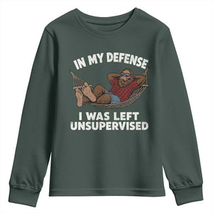 In My Defense I Was Left Unsupervised Funny Bigfoot Youth Sweatshirt TS11 Dark Forest Green Print Your Wear