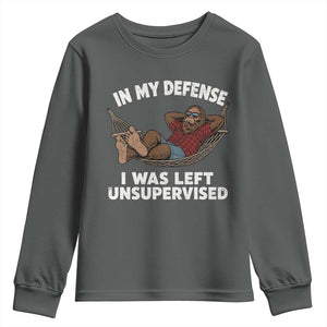 In My Defense I Was Left Unsupervised Funny Bigfoot Youth Sweatshirt TS11 Dark Heather Print Your Wear