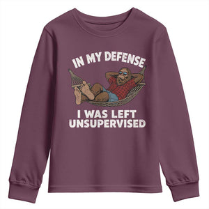 In My Defense I Was Left Unsupervised Funny Bigfoot Youth Sweatshirt TS11 Maroon Print Your Wear