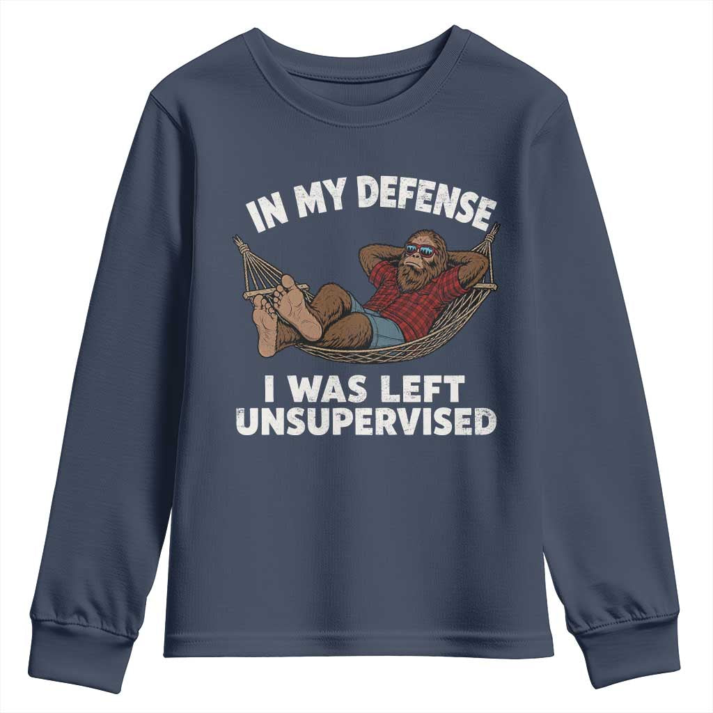 In My Defense I Was Left Unsupervised Funny Bigfoot Youth Sweatshirt TS11 Navy Print Your Wear