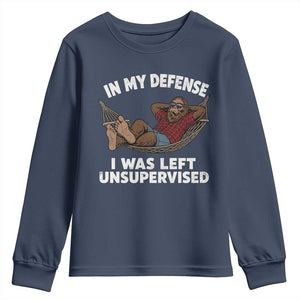 In My Defense I Was Left Unsupervised Funny Bigfoot Youth Sweatshirt TS11 Navy Print Your Wear