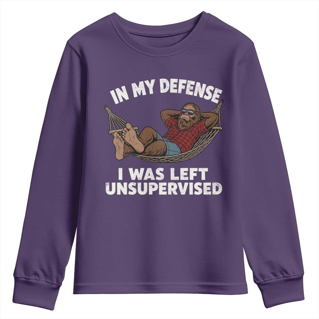 In My Defense I Was Left Unsupervised Funny Bigfoot Youth Sweatshirt TS11 Purple Print Your Wear