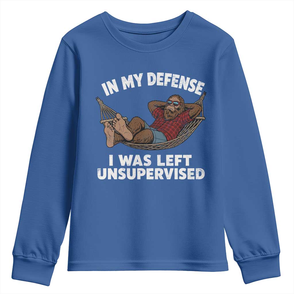 In My Defense I Was Left Unsupervised Funny Bigfoot Youth Sweatshirt TS11 Royal Blue Print Your Wear