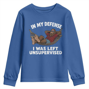 In My Defense I Was Left Unsupervised Funny Bigfoot Youth Sweatshirt TS11 Royal Blue Print Your Wear