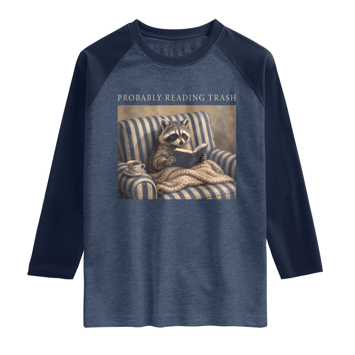Funny Raccoon Book Lover Raglan Shirt Probably Reading Trash Bookworms Teachers TS11 Heather Denim Navy Print Your Wear