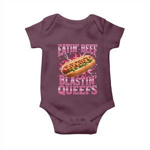Eatin Beef Blastin' Queefs Funny Embarrassing Hot Dog Retro Bootleg Baby Onesie TS11 Maroon Print Your Wear