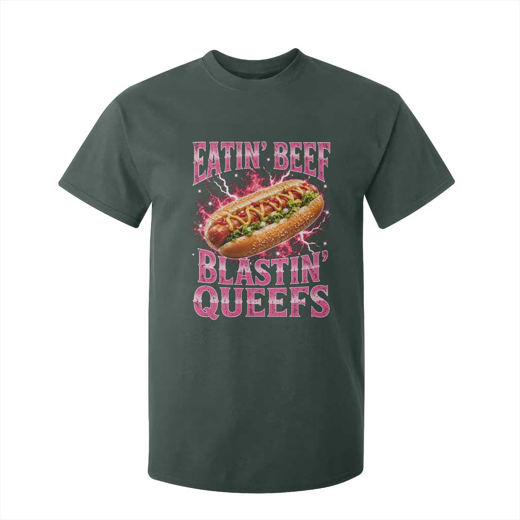 Eatin Beef Blastin' Queefs Funny Embarrassing Hot Dog Retro Bootleg T Shirt For Kid TS11 Dark Forest Green Print Your Wear
