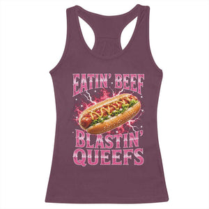 Eatin Beef Blastin' Queefs Funny Embarrassing Hot Dog Retro Bootleg Racerback Tank Top TS11 Maroon Print Your Wear